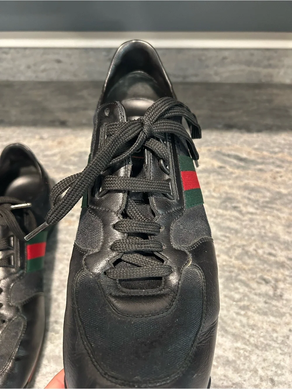 Gucci Black Leather & GG Canvas Sneaker with Red and Green Stripe Size 10 US